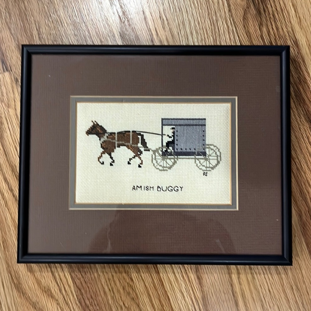 Custom framed needlepoint Amish buggy